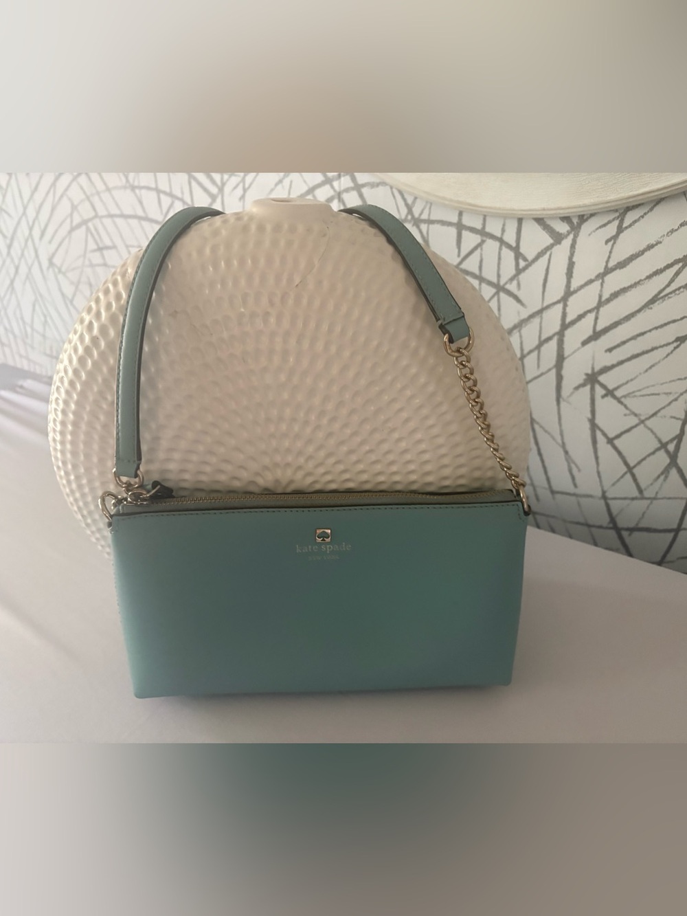 kate spade dusty blue leather crossbody with chain strap